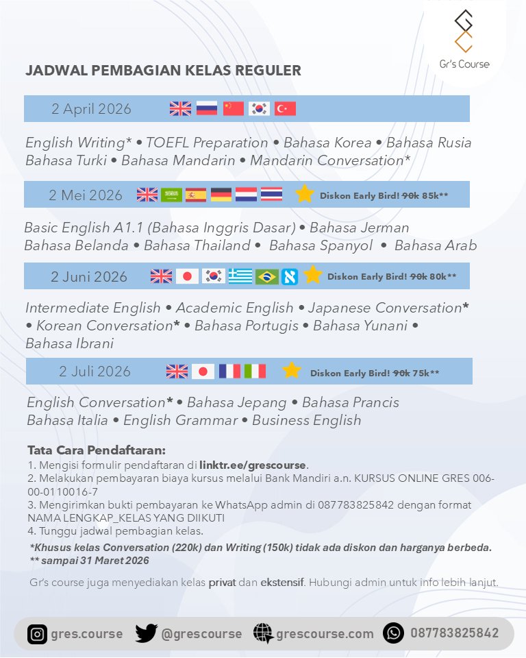 erlanishere's tweet photo. Kursus online 16 bahasa asing terjangkau cuma 90k buat 2 bulan belajar!
Belajar via Zoom + WAG.
Kelas sesi April:
- Mandarin
- Mandarin convo (220k)
- English Writing (150k)
- TOEFL Prep
- Korea
- Rusia
- Turki
Daftar: https://t.co/EzRfG3f4cD https://t.co/HiHqzOv2tn