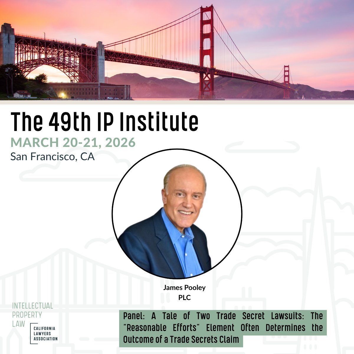 CLA_IP's tweet photo. Looking forward to this session today!

Session 2.1: A Tale of Two Trade Secret Lawsuits: The “Reasonable Efforts” Element Often Determines the Outcome of a Trade Secrets Claim
March 20
11:00 AM – 12:00 PM

Speaker: Jim Pooley

Explore the full schedule: https://t.co/WTB0oZaXGM https://t.co/aTQoeCV5IA