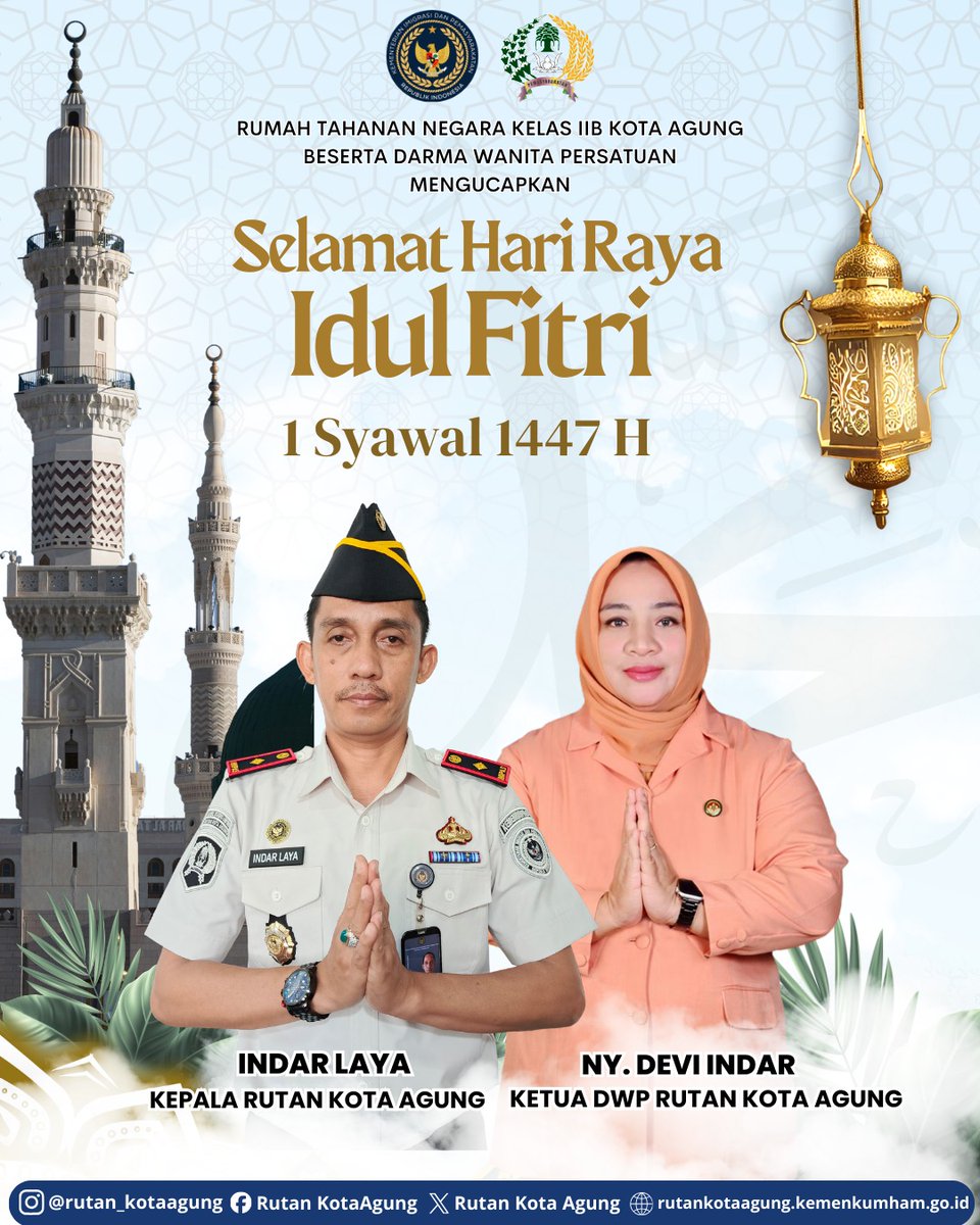 rutankotaagung1's tweet image. Keluarga Besar Rumah Tahanan Negara Kelas IIB Kota Agung mengucapkan:

"Selamat Hari Raya Idul Fitri 1447 H"
Mohon Maaf Lahir dan Batin

#kemenimipas
#guardanguide
#kumhamimipas
#pemasyarakatan
#ditjenpas
#infoimipas