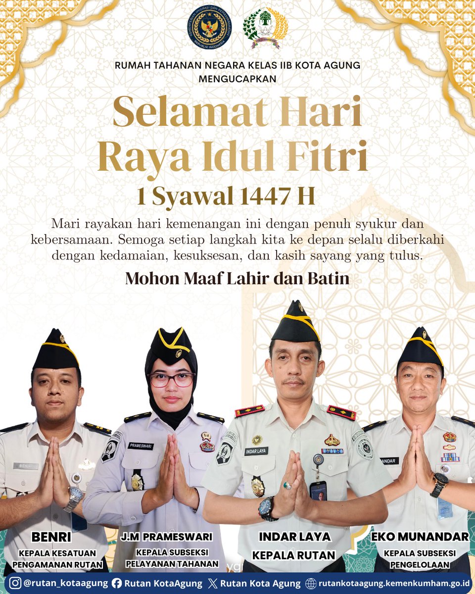 rutankotaagung1's tweet image. Keluarga Besar Rumah Tahanan Negara Kelas IIB Kota Agung mengucapkan:

"Selamat Hari Raya Idul Fitri 1447 H"
Mohon Maaf Lahir dan Batin

#kemenimipas
#guardanguide
#kumhamimipas
#pemasyarakatan
#ditjenpas
#infoimipas