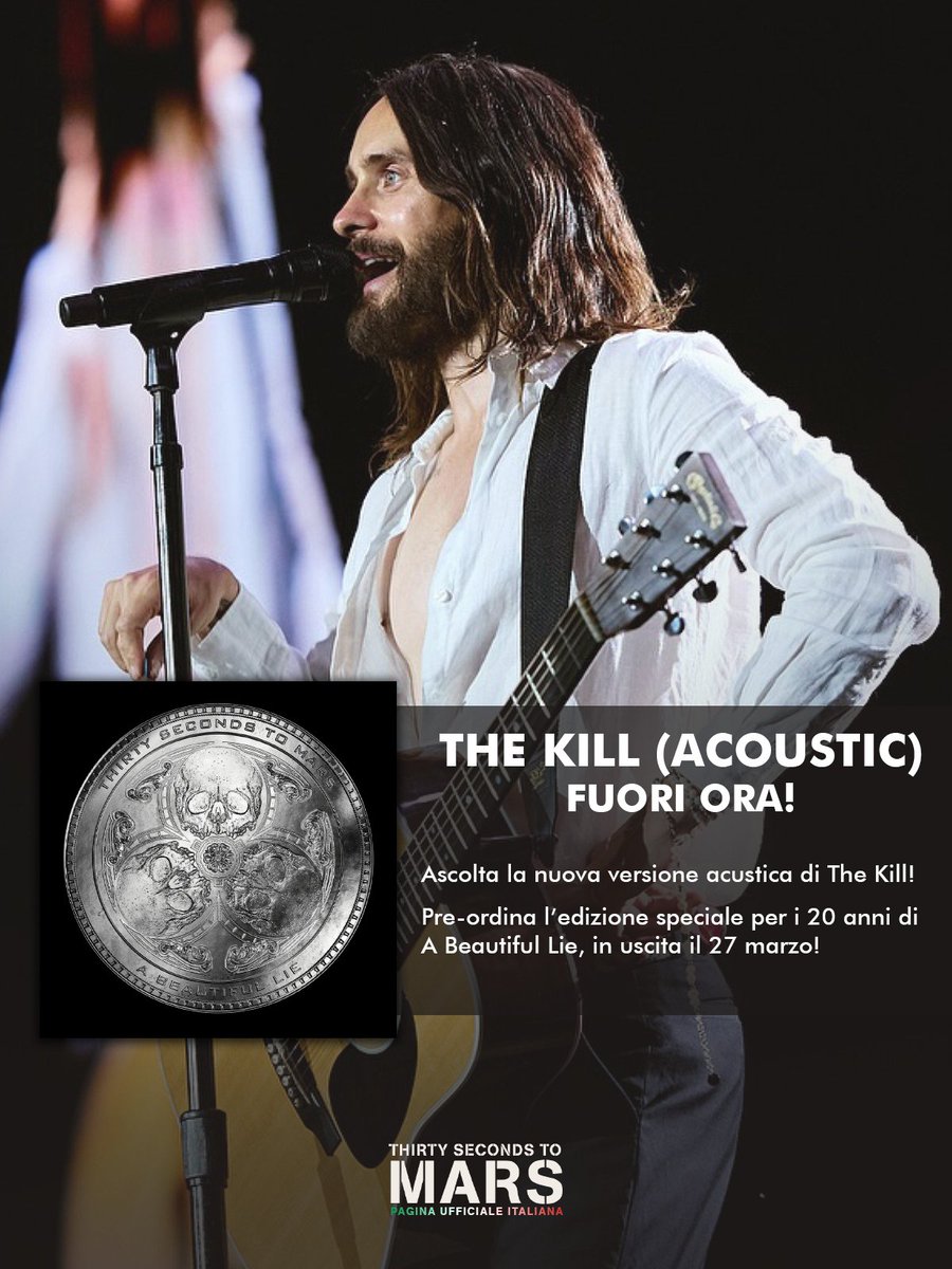 🌹 THE KILL (ACOUSTIC) - FUORI ORA!

La nuova versione acustica dell'indimenticabile successo dei Thirty Seconds To Mars, The Kill, è disponibile adesso ❤️‍🔥

Si tratta di un'altra delle tracce incluse nella nuova edizione di A Beautiful Lie, per festeggiare i 20 anni dell'album 🌹