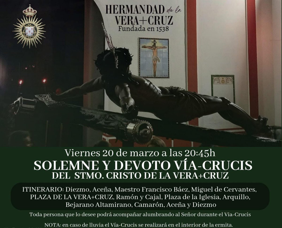 VeraCruzAznal's tweet photo. #CULTOS | Hoy, al finalizar la Santa Misa, celebraremos el solemne y devoto Vía+Crucis de nuestro Señor, en el que toda persona que lo desee podrá acompañar iluminando con velas durante el itinerario.

En caso de lluvia el Vía+Crucis se realizará en el interior de la Ermita. https://t.co/hJxKsQ1REw