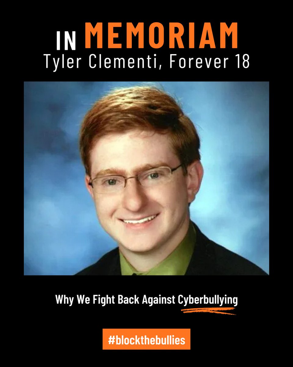 OverBullying_'s tweet photo. It has been 16 years since Tyler Clementi died by suicide after enduring horrifying cyberbullying.

To learn more about how to protect yourself and others from the harmful effects of cyberbullying visit https://t.co/gfWEBj9YaF

#Blockthebulles https://t.co/8yIpJxAcM2
