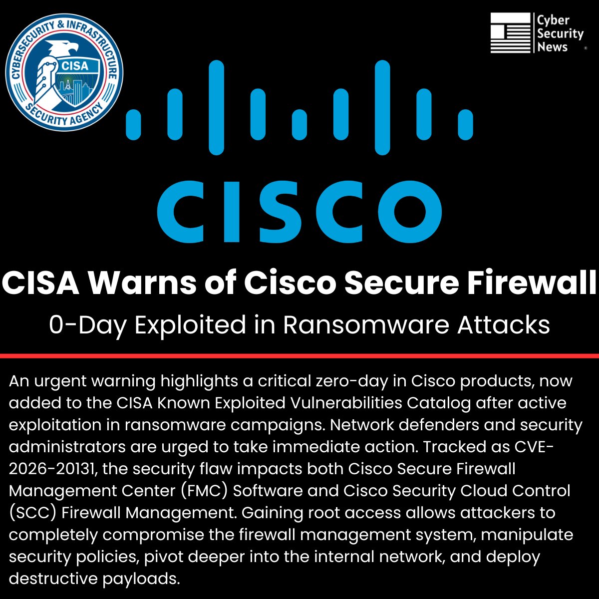 🚨 CISA Warns of Cisco Secure Firewall 0-Day Exploited in Ransomware ...