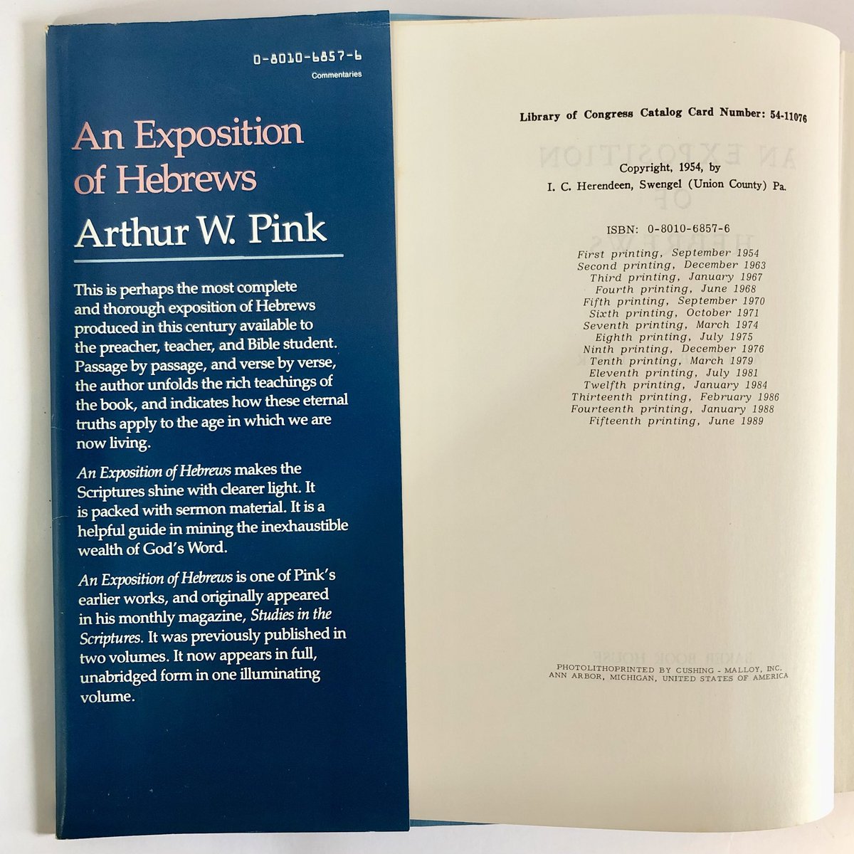 OssettBookshop's tweet photo. Exposition of Hebrews by Arthur W Pink. A scarce work, originally in 2 vols. Published by Baker Book House, 1989. Octavo. Cloth in very good condition. A few ink underlinings. Dust jacket a little tatty. £18 #fridayfeature #awpink #secondhandbooks #ossett #christianbooks https://t.co/wyqB7868ze