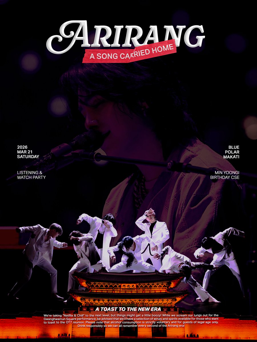 bluepolarmakati's tweet photo. D-1 ARIRANG: A Song Carried Home

Celebrate Yoongi Day and BTS' comeback with us!

See you all tomorrow! Please check your email for a few reminders 💜

STREAM ARIRANG ALBUM!

#Arirang_YG #YoongiDay2026 #BluePolarMakati https://t.co/3DZ2pxjyR4