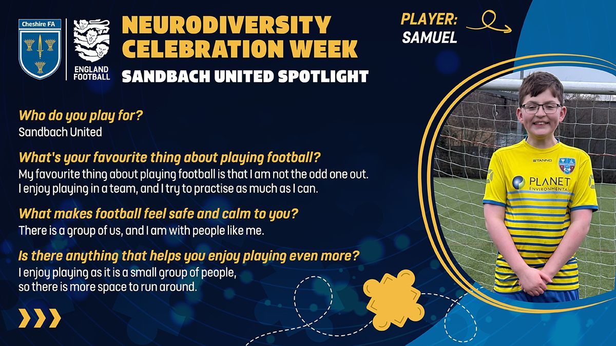 Cheshire_FA's tweet photo. Today marks the final day of #NeurodiversityCelebrationWeek, as we share stories from players involved in football within Cheshire. Here are June and Samuel's stories...

Cheshire FA is proud to continue challenging stereotypes and misconceptions about neurological differences. https://t.co/LIGrojQoSP