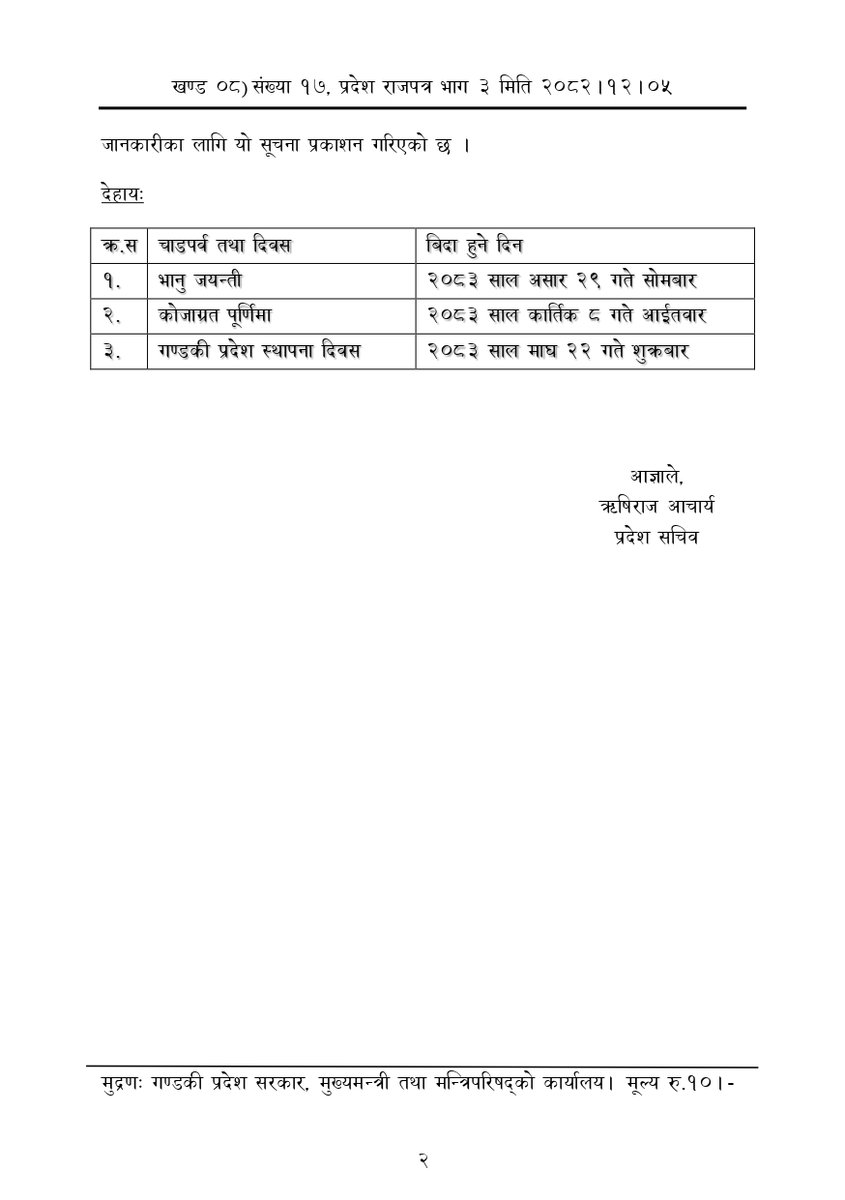 गण्डकी सरकारले वर्ष २०८३ मा बोनसमा दिएका ३ बिदा