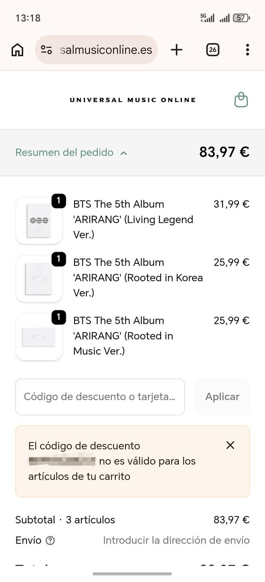 joonimuni's tweet photo. @UMOnline_ porqué el código de primera compra con vosotros no funciona para los álbumes de ARIRANG de BTS?! No es una preventa, así que debería funcionar según lo anunciado en vuestra web. ¿Podéis arreglarlo? Gracias.

#ARIRANGBTS #comebackbts #BTS_ARİRANG https://t.co/e4H6WaKObd