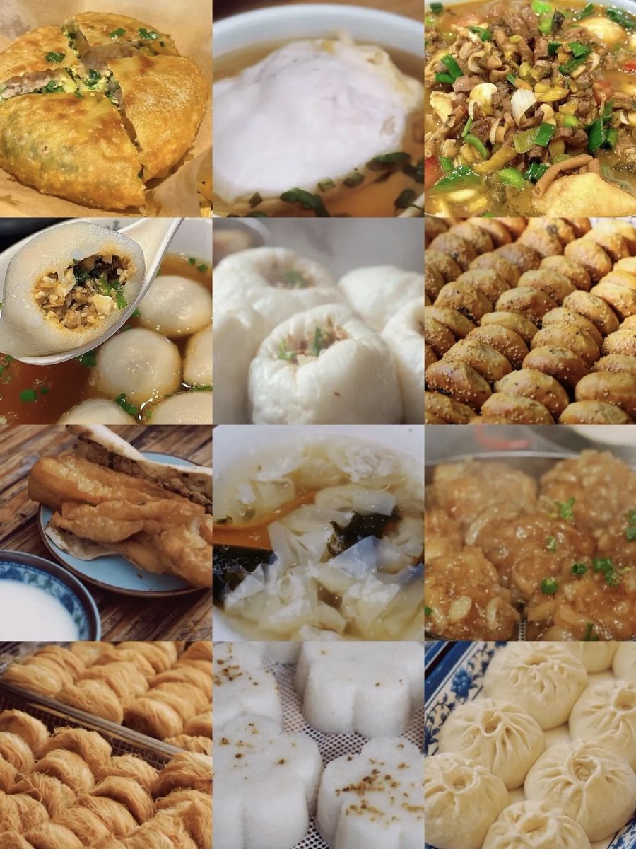 老面包子配豆浆、游埠酥饼、地瓜肉圆、葱香拌面、油条包麻糍，主打一个甜咸混搭，碳水叠碳水。