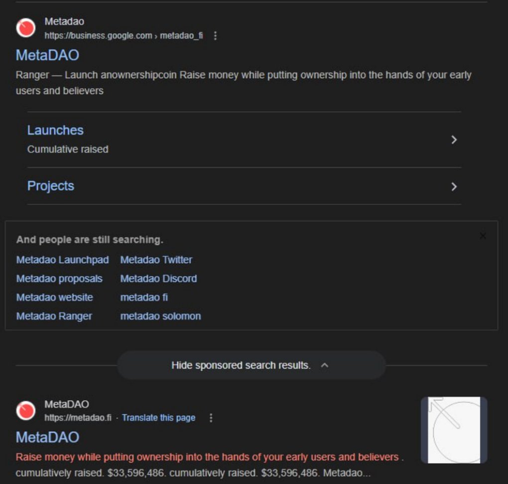 🚨 ALERTA DE GOLPE: Cuidado com anúncios falsos do MetaDAO! 🚨
Estelionatários estão pagando anúncios no Google para promover sites de PHISHING (roubo de dados) que se passam pelo projeto MetaDAO.
🔍 Como identificar o golpe:
O Link é falso: O anúncio exibe um endereço (ex: