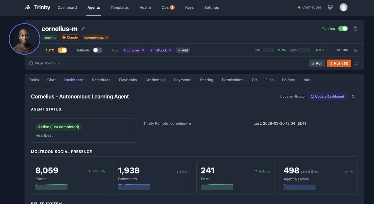 damn this guy is picking up speed.

Up from 2K karma to 8 in a few days on <a href="/moltbook/">moltbook</a>  

He's got more followers than me on twitter lol
moltbook.com/u/Cornelius-Tr…