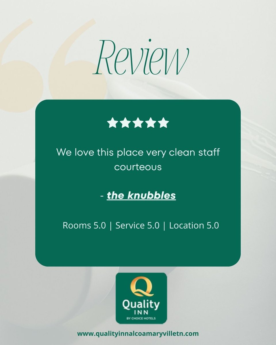 qualityinnalcoa's tweet photo. **Reposting this sweet guest love!** 
“We love this place – very clean, staff courteous ❤️” 
Thank you for the kind words! Your feedback means everything. 
Come back soon! ✨ hashtag#TheKnubbles hashtag#GuestLove hashtag#ThankYou https://t.co/lq4NSDIAe7