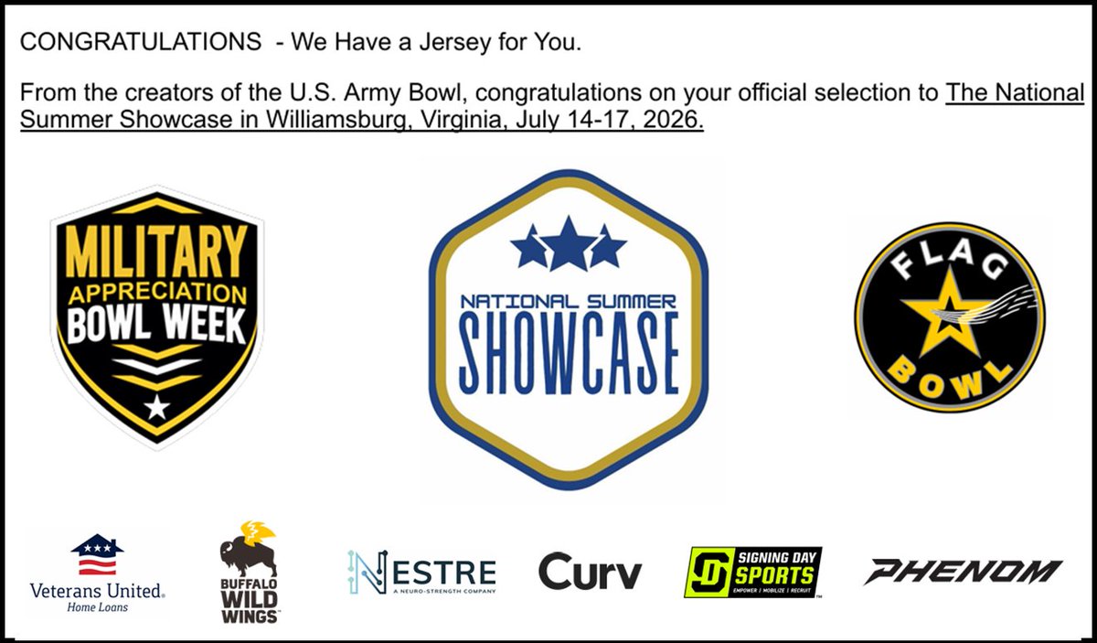 Thank you <a href="/GregCooperUSA/">Greg Cooper</a> for the invitation to the National Summer Showcase <a href="/USArmyBowl/">Military Appreciation Bowl Week</a> <a href="/ArmyBowlCombine/">USArmyBowlCombine</a> <a href="/FenwickFB/">Fenwick Football</a> <a href="/mikeclarkpreps/">MikeClarkPreps</a> <a href="/EDGYTIM/">Timothy “EDGYTIM” OHalloran</a> <a href="/PrepRedzoneIL/">Prep Redzone Illinois</a> <a href="/sixstarfootball/">Six Star Football | PLUS+</a> <a href="/5StarScouting/">5StarScouting™</a> <a href="/SDSports/">Signing Day Sports</a> <a href="/PhenomElite/">Phenom Elite</a> <a href="/mwfbrecruiting/">Midwest Football Recruiting</a> <a href="/PrepRedzone/">Prep Redzone 🏈</a> <a href="/One11Recruiting/">One11 Recruiting</a>