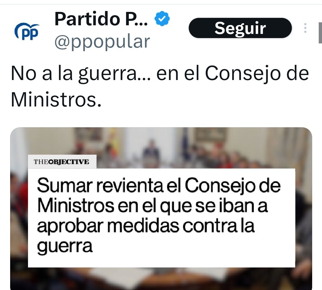 Esto solo está a la altura de un partido lleno de psicópatas.

Frivolizan con la guerra y con las medidas que proponía Sumar.

Esas medidas son para intentar paliar la guerra provocada por vuestros jefes, Trump y Netanyahu.

Ni una propuesta tenéis que nos ayuden a salir de donde
