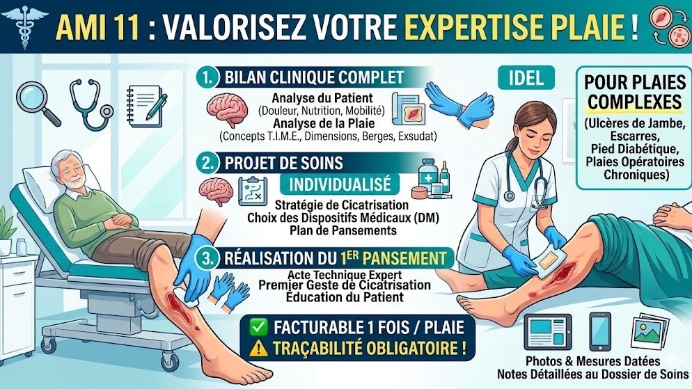 VisMaVieIDEL's tweet photo. 🚨 IDEL : Valorisez votre expertise plaie avec l'AMI 11 ! 🩹📊
Face à une nouvelle plaie complexe (ulcère, escarre...) :
✅ Le bilan initial complet
✅ Le projet de soins
✅ Le 1er pansement
Pensez à tracer ! 📝🩺 #IDEL #NGAP #Infirmier https://t.co/ZzgKBgByrz