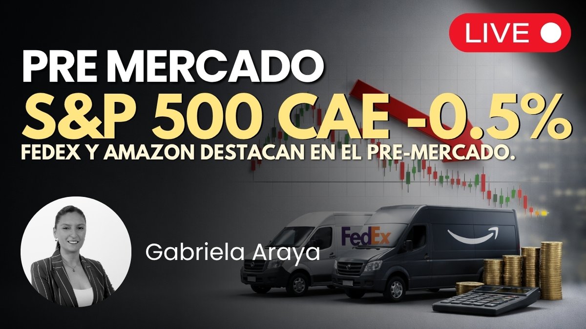 S&amp;P 500 cae -0.5% y se acerca a soporte clave. FedEx y Amazon destacan en el pre-mercado.

Únete al PreMercado Americano en nuestro canal de YouTube junto a <a href="/GArayaFX/">Gabriela Araya</a> a partir de las 08:30 NY. ¡Partimos en minutos! 💥 

Revisa lo más destacado de #WallStreet y #Forex.

Aquí! 👉