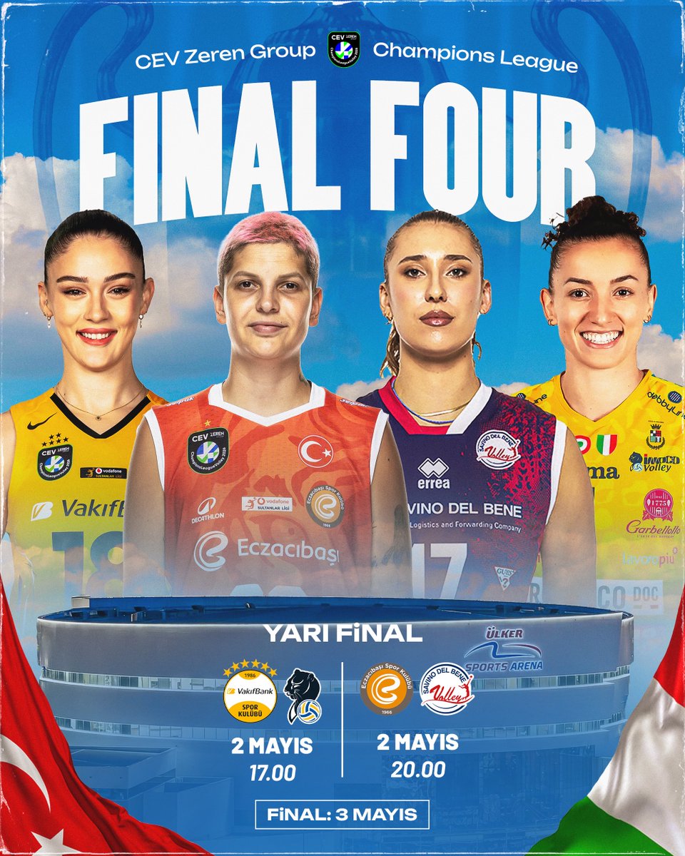 🇹🇷 İKİ TÜRK TAKIMI FINAL FOUR'DA! CEV Şampiyonlar Ligi'nde final four eşleşmeleri belli oldu.

🗓️ 2 Mayıs Cumartesi - Yarı Final

🆚 Imoco Conegliano - VakıfBank
🕔 17.00

🆚 Eczacıbaşı Dynavit - Savino Del Bene Scandicci
🕗 20.00

🗓️ 3 Mayıs Pazar - Final