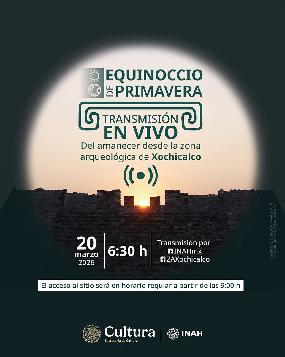 INAHmx's tweet image. #EnVivo 🔴 Equinoccio de Primavera desde la Zona Arqueológica de Xochicalco ☀️

✨ Acompáñanos y sé parte de este amanecer único a través de #FacebookLive.

▶️  facebook.com/share/v/1AoSi7…

ℹ️ El acceso al público visitante será en el horario regular a partir de las 9:00 h.