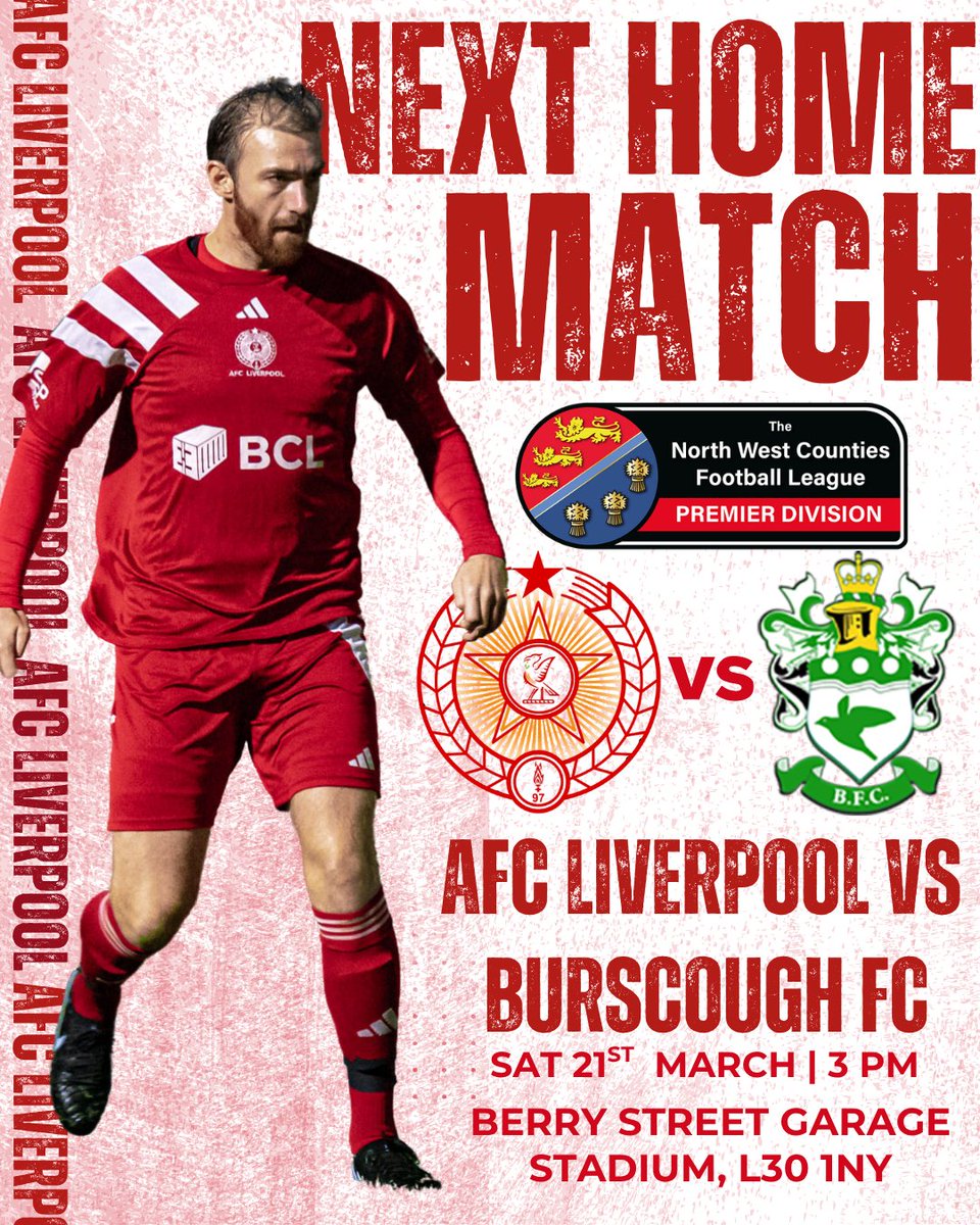 AFCLiverpool's tweet photo. 🔴TOMORROW!🔴
The games keep coming and we welcome Burscough to Bootle tomorrow. Always a competitive fixture between these teams!

🏆| @nwcfl Premier Division 
🆚| @BurscoughFC1946
📍| Berry Street Garage Stadium
🚗| 4 Vesty Rd, Bootle L30 1NY
📅| Saturday 21st March
⏰| KO 3pm
💳| Cash and Card
📖| Programme £2
🐶| Dogs Welcome
🍔| Food & Drink available 
🎟️| £7 Adults, £4 Concessions, £2 U18s
#liverpool #bootle #bootlefc #NonLeague #nonleaguefootball #aintree #liverpoolfc #affordable #affordablefootball  #liverpoolfcfans #community