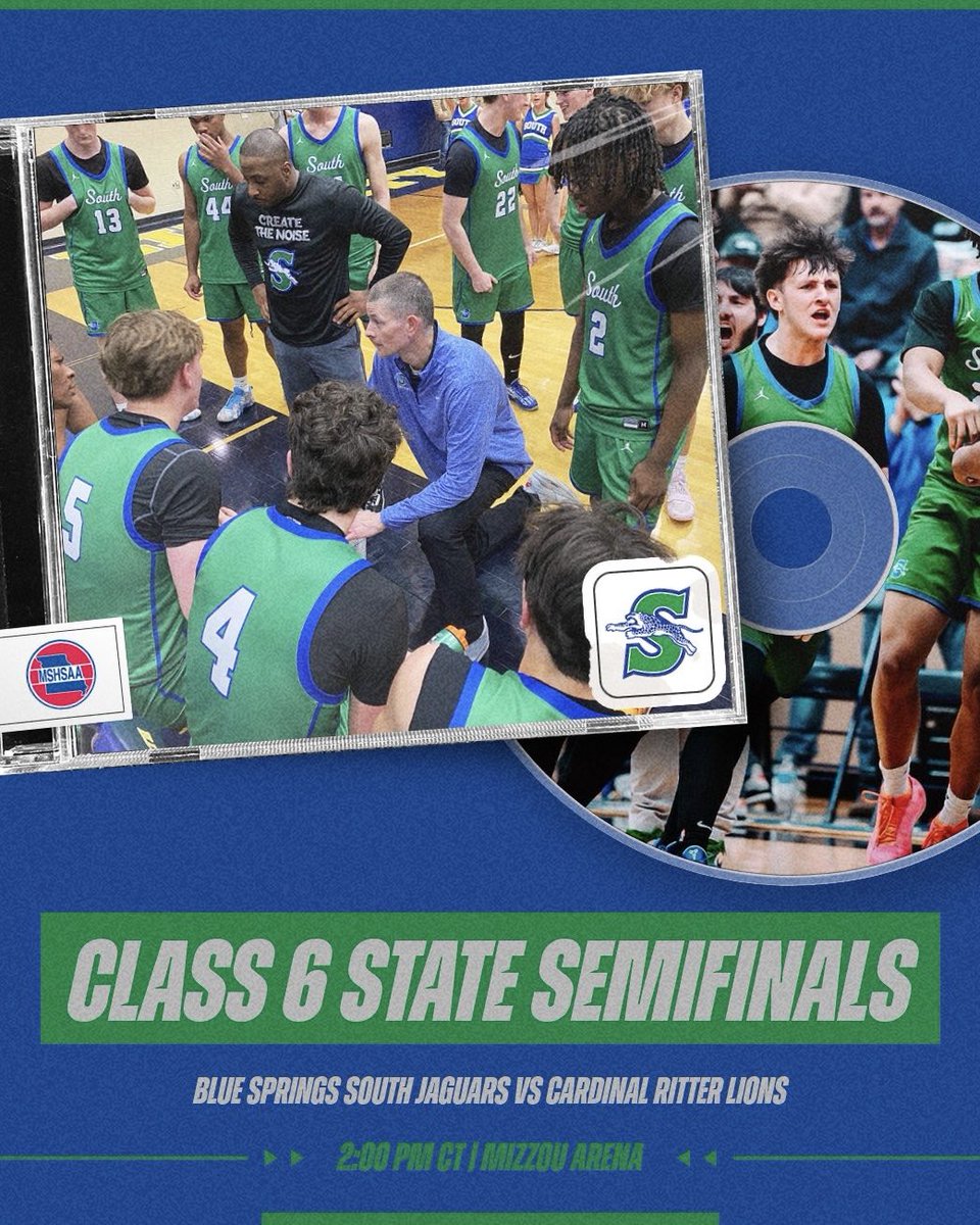 BSSouthJagHoops's tweet photo. ๐จGAMEDAY๐จ
STATE SEMIFINALS
Blue Springs South (23-7) ๐ Cardinal Ritter (21-9)
๐ @ Mizzou Arena ( Columbia, MO)
โฐ 2:00 PM
๐๏ธ https://t.co/4VxiP0HCOJ
๐บ https://t.co/lIeFoCn00l
Come out and support the Jags โผ๏ธ
#onefocUS https://t.co/J9od9UoxjT