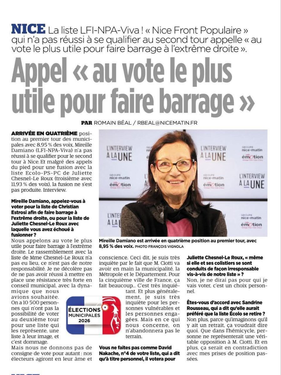 🔴 Nous appelons au vote le plus utile pour faire barrage à l’extrême droite.

La gauche de rupture a rassemblé et continuera à porter une opposition forte à la droite extrême et à l’extrême droite à Nice.

Rien n’est fini : restons mobilisés.

#Municipales2026 #Nice2026 #Nice06