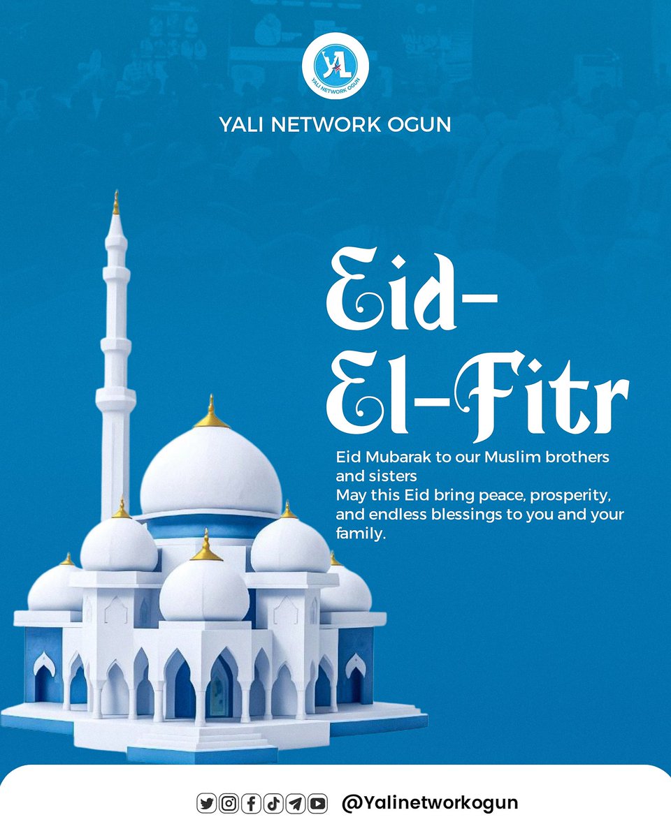 Eid al-Fitr greetings! 💙💙💙  
May this season bring peace &amp; blessings to your home.  
As Ramadan ends, may your sacrifices be rewarded &amp; prayers answered.  
Eid Mubarak to our Muslim brothers &amp; sisters. 💙🤍🌙  
#YALInetwork #YALInetworkOgun #YALInetworkNigeria #YALIogun