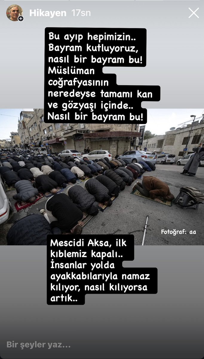 Bu ayıp hepimizin.. 
Bayram kutluyoruz, nasıl bir bayram bu!
Mescidi Aksa, ilk kıblemiz kapalı.. Müslüman coğrafyasının neredeyse tamamı kan ve gözyaşı içinde.. 
Nasıl bir bayram bu!