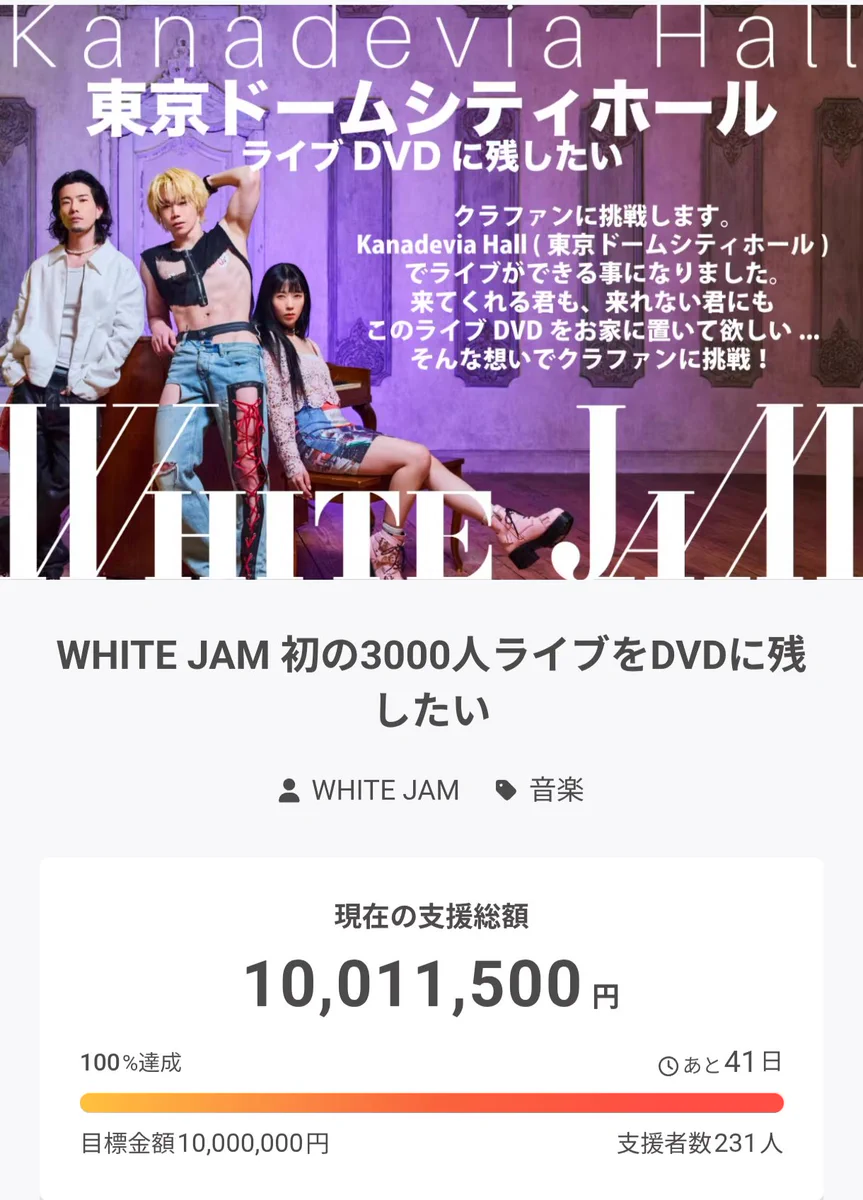 WHITE JAM、Kanadevia HallライブDVD化へ第1目標1000万円を数時間で達成