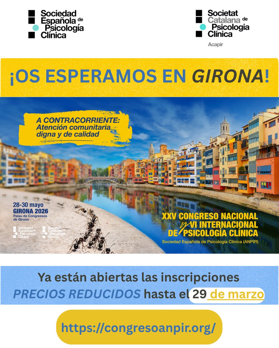 ➡️ Se acercan fechas clave para el Congreso de Psicología Clínica de <a href="/SEPC_ANPIR/">Sociedad Española de Psicología Clínica</a> que será del 28 al 30 de mayo en Girona:

🗓 22 de marzo→ Fecha límite para el envío de comunicaciones

🗓 29 de marzo → Fin del plazo de cuota de inscripción reducida

goo.su/u2nk