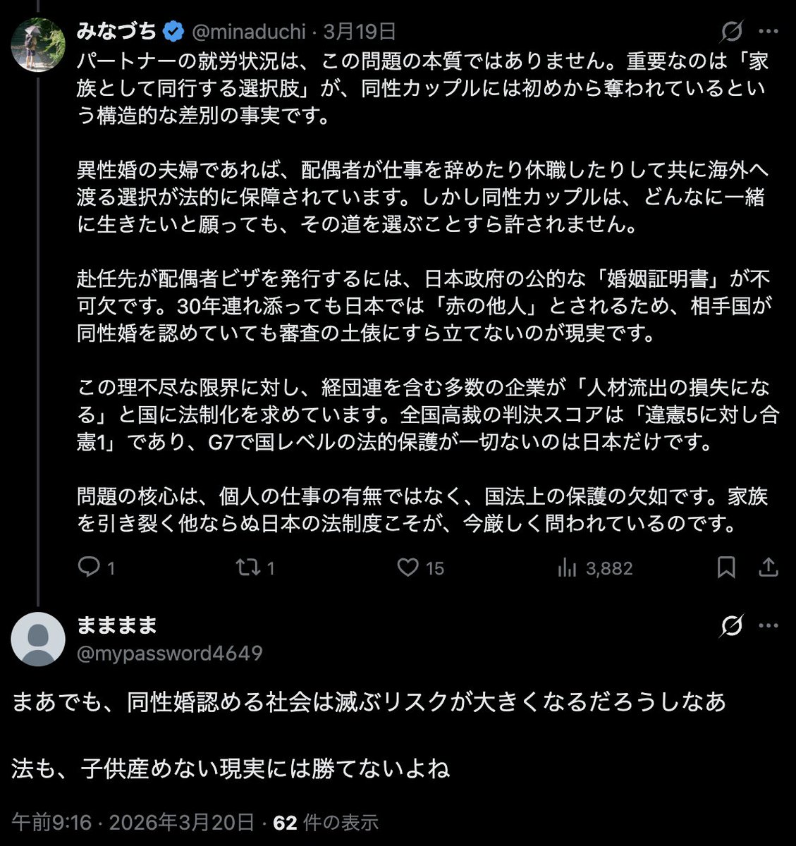 海外赴任時のビザの壁など、同性カップルが直面する現実に対し、「同性婚を認める社会は滅ぶ。子供を産めない現実には勝てない」という反応がありました。