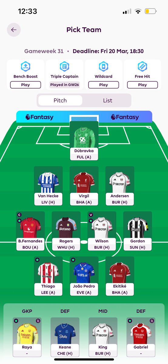 GW31 👀

The Salah and Ekitike punt didn’t work out last week 🫠

At least Haaland blanked!

Been a very unfortunate season for me with injuries but that’s the way the cookie crumbles 🤕

My one free transfer on Salah > Gordon 🔄

Can’t wait for a WC next week😬

Good luck all!