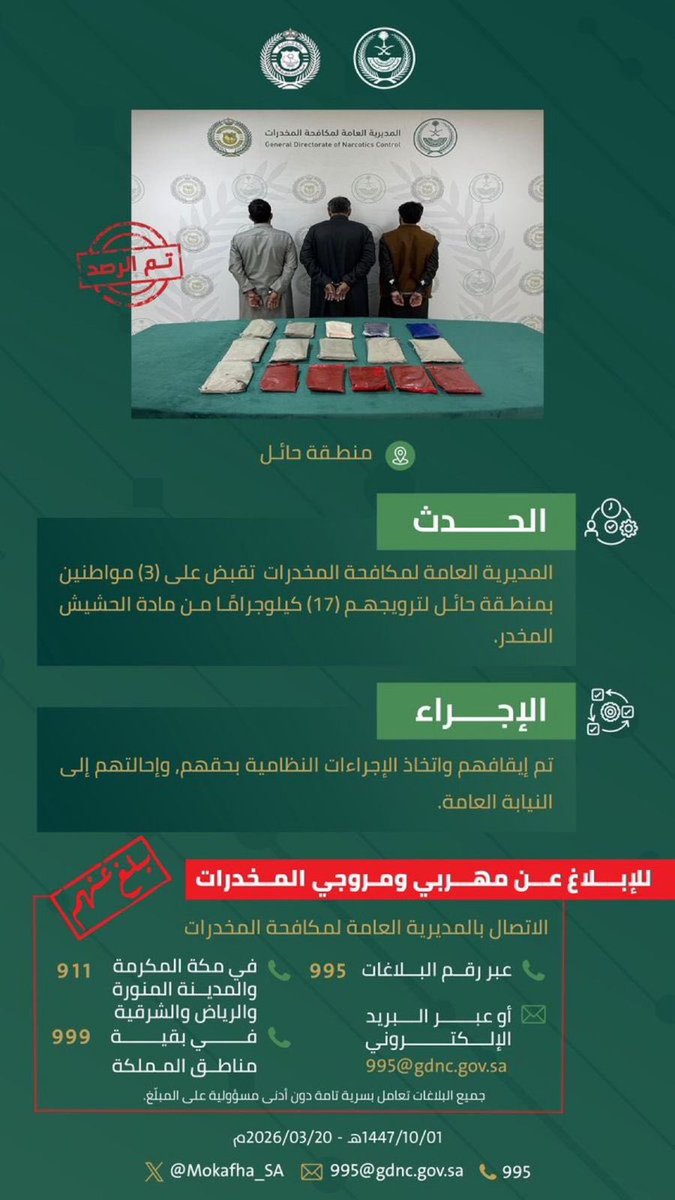 القبض على 3 مواطنين في حائل ضمن جهود الأمن العام