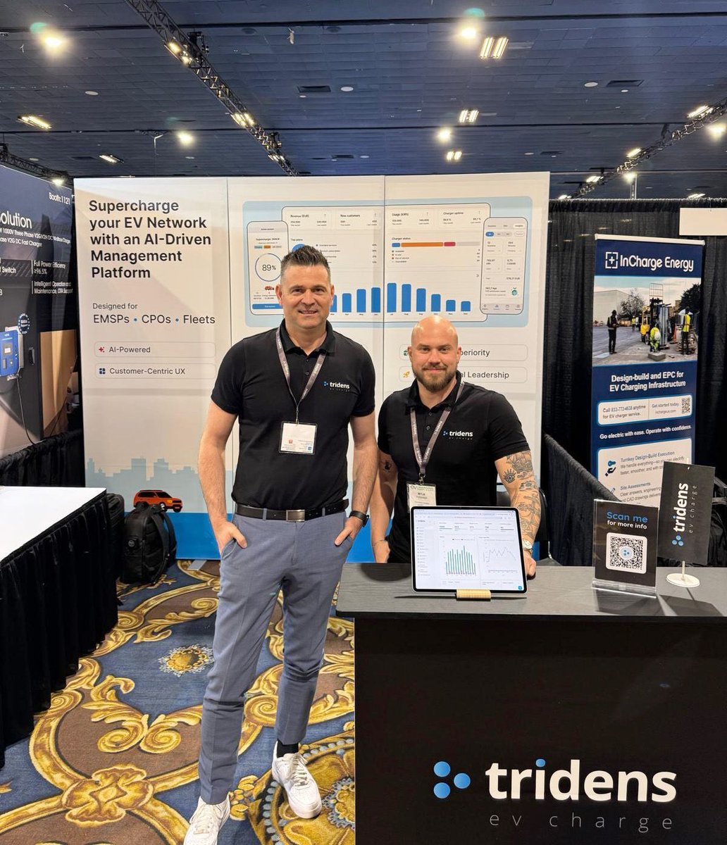 TridensTech's tweet photo. That's a wrap on EV Charging Summit & Expo. 🔥

Three packed days in Las Vegas. Great meetings. Real conversations. And a lot of excitement around what Tridens EV Charge brings to the table.

The interest in our AI-driven platform was incredible — operators want smarter tools, and they want them now.

One thing is clear: the North American market is ready. And so are we.

Thank you to everyone who visited us. See you soon.

𝐁𝐨𝐨𝐤 𝐚 𝐝𝐞𝐦𝐨 👉 https://t.co/DQytrXO6oe 

#emobility #evcharging #ev #smartcharging #evcs26