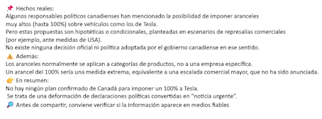 TlaxcalaNetwork's tweet photo. @DosRunas La afirmación de que “Canadá planea imponer un arancel del 100% a Tesla” es engañosa y saca de contexto declaraciones políticas. https://t.co/XZIh8f0QLK