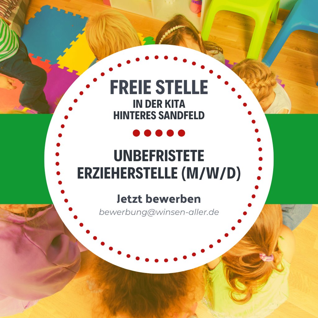 Bewerben Sie sich: Erzieher/in (m/w/d) unbefristet, KiTa Hinteres Sandfeld. 
Frist 4.4.2026

Alle Informationen auf unserer Homepage unter 
url.winsen-aller.de/3k5 

#GemeindeWinsenAller #WinsenAller #KitaJobs #Erzieherin #Pädagogik
