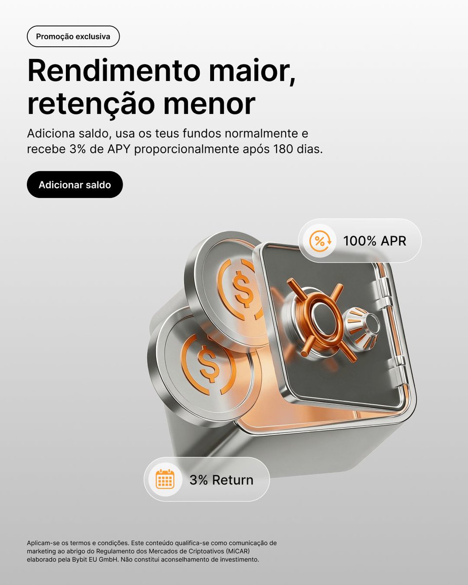 Mais rendimento, menos complicações. 🔐✨

Adiciona saldo, usa os teus fundos normalmente e ainda recebes 3% de APY ao longo do tempo.

Simples, flexível e pensado para ti.

Saiba mais: i.bybit.eu/15fCsabY