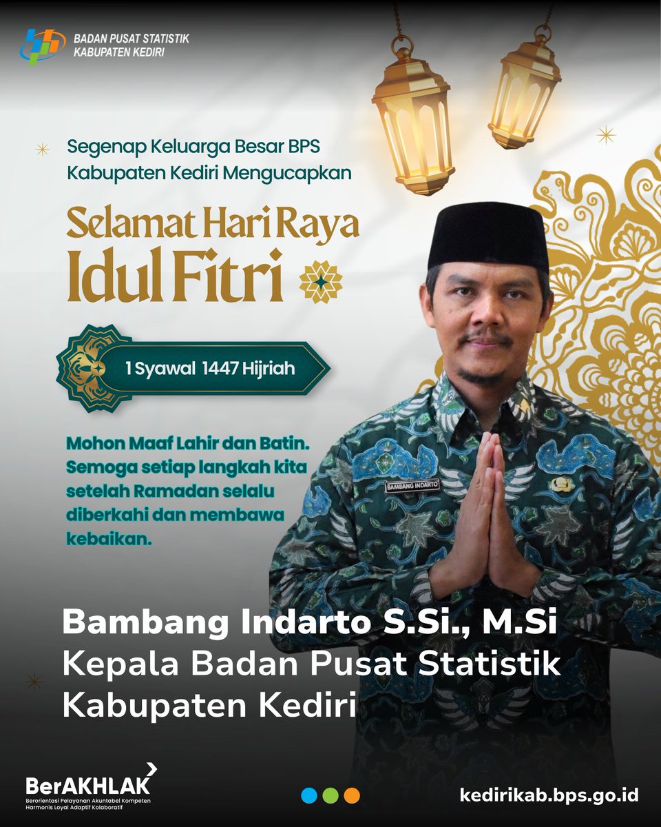 bps_kediri's tweet photo. Gema Takbir Berkumandang, Hari Kemenangan pun Telah Tiba 🌙✨
Segenap Keluarga Besar BPS Kabupaten Kediri mengucapkan Selamat Hari Raya Idul Fitri 1
Syawal 1447 Hijriah.
Taqabbalallahu minna wa minkum.
Semoga setiap langkah kita setelah bulan Ramadan ini senantiasa diberkahi, https://t.co/0hubOLvZ24