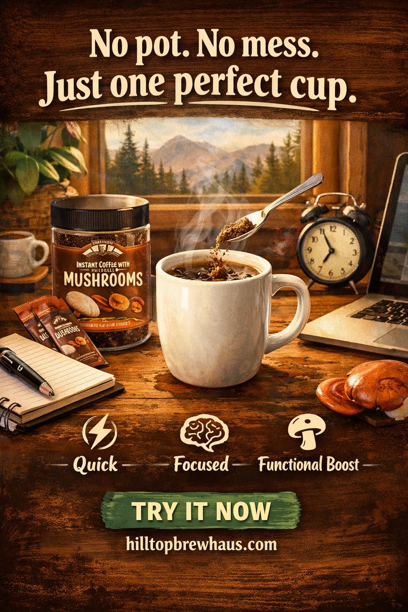 hilltopbrewhaus's tweet photo. Our new Instant Coffee with Mushrooms is here — smooth, functional, and ready in seconds. Perfect for the office or anytime you want just one cup. https://t.co/xeZtJenTMo  #MushroomCoffee #QuickCoffee #CleanEnergy https://t.co/fEkjjVwDcg