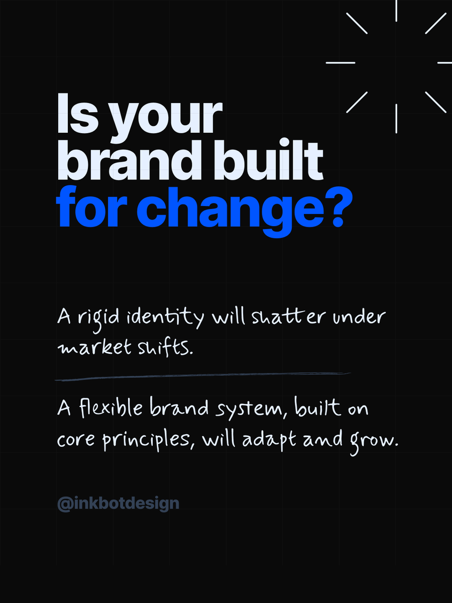 Inkbotdesign's tweet image. Is your brand built for change? 
A rigid identity will shatter under market shifts. 
A flexible brand system, built on core principles, will adapt and grow. 
We build brands that last. #BrandArchitecture #FutureProof