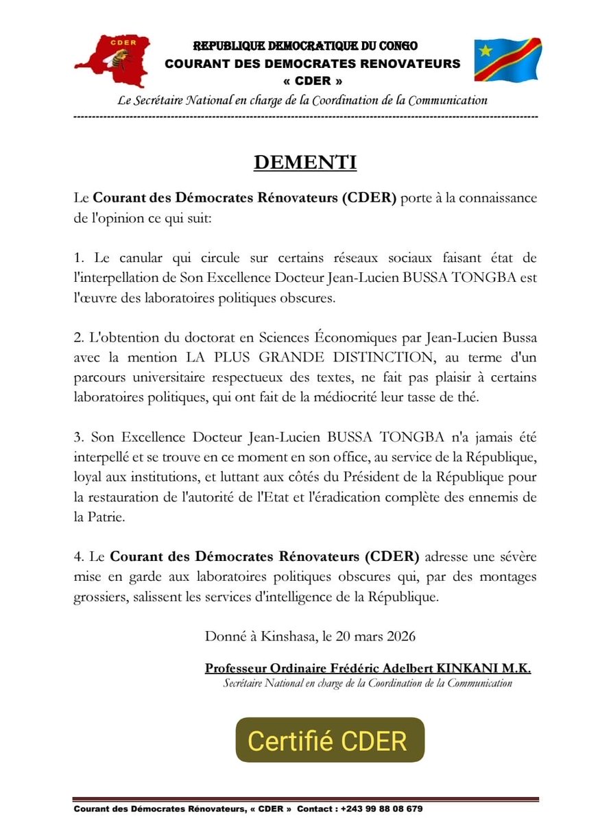 CMoneeko's tweet photo. INFO | Contrairement aux rumeurs relayées sur les réseaux sociaux, le Ministre de l’Aménagement du territoire, Dr Jean-Lucien Bussa Tongba, n’a fait l’objet d’aucune interpellation.
Un démenti officiel du CDER vient rétablir les faits.
#RDC #Info https://t.co/LMw3Cx7wZ3