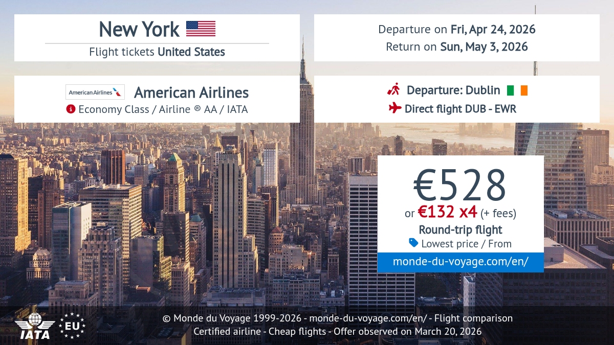 Monde_du_Voyage's tweet image. Fly Dublin ✈️ New York nonstop with American Airlines AA from just 528€ round trip 🤩 Cheap flight promo, low-cost deal &amp;amp; discount fare at a small price! Payment in 3x or 4x available 💳 #FlightDeal #CheapFlights #NewYork #AmericanAirlines #Travel2026 monde-du-voyage.com/en/united-stat…