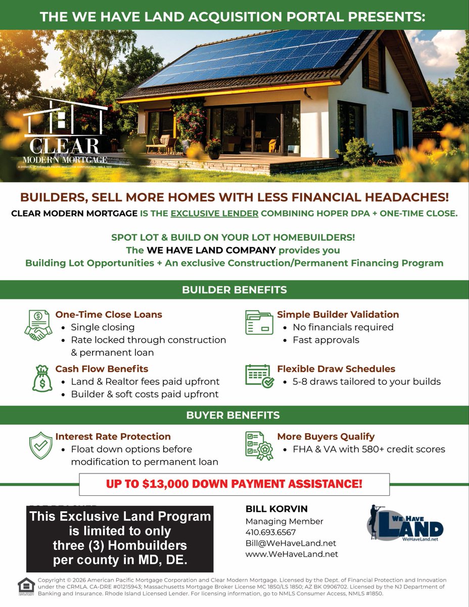 Homebuilders who have a “Build On A Lot Program”…We can provide Building Lots and Financing. The We Have Land Acquisition PORTAL! WeHaveLand.net