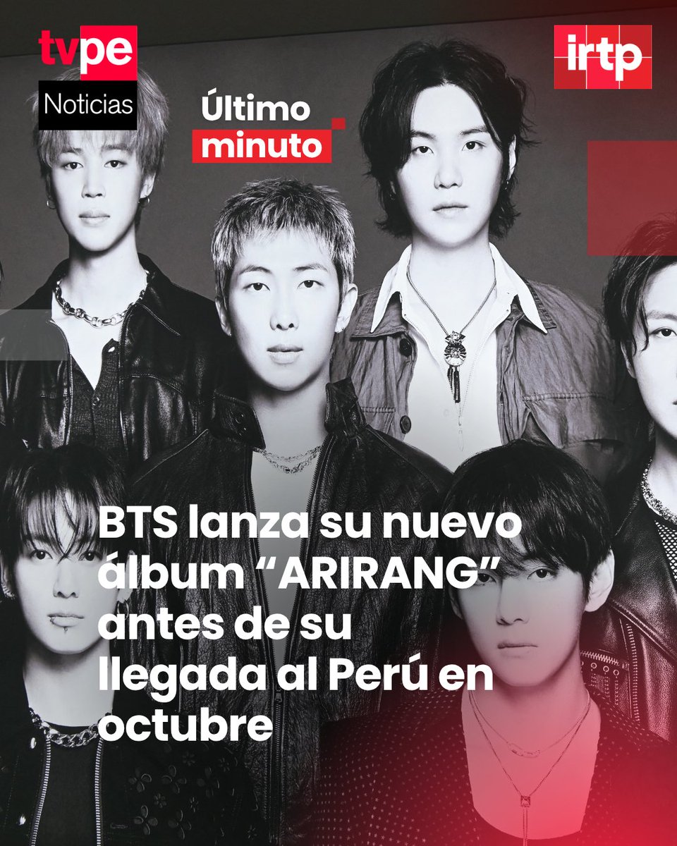 noticias_tvperu's tweet photo. 🎤🔥 ¡BTS está de regreso y apunta al Perú! Las megaestrellas del k-pop lanzaron su nuevo álbum “ARIRANG” antes de su esperada llegada en octubre. 🇵🇪✨

🎶 El disco incluye temas como “Hooligan” y “SWIM”, y marca el gran regreso del grupo tras casi 4 años de pausa por el servicio militar.

💜 Inspirado en sus raíces, este álbum promete emocionar a millones de fans en todo el mundo… ¡y Perú ya los espera!

#BTS #Kpop #ARIRANG #Comeback #Perú #ARMY #Música #Viral