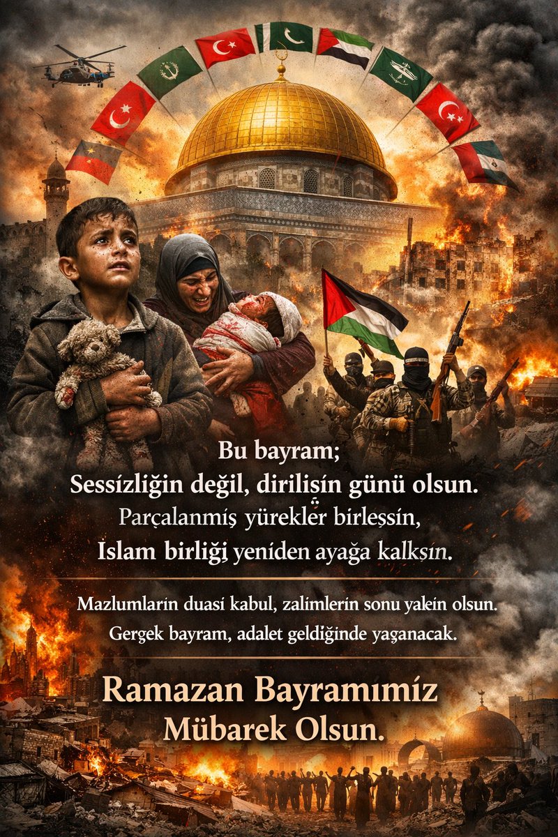 Bugün Ramazan Bayramı
İslam coğrafyasının birçok yerinde bayram değil hüzün var
Zulüm altındaki topraklarda, işgal gölgesinde bayram eksik.
Bu bayram; susmanın değil, birlik olmanın zamanı
İslam birliği, mazlumun umudu olsun.
Dualarımız tek, yüreğimiz bir
Bayramımız mübarek olsun