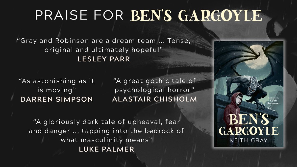 BarringtonStoke's tweet photo. The gargoyle is getting closer ... And it is making a stir. See what people are saying about #KeithGray's compelling and bittersweet tale #BensGargoyle, out June 2026. Thank you @WelshDragonParr #DarrenSimpson @alastair_ch & @lcpalmerpoet.
Illustrated by @RobinsonKH. https://t.co/CXLniR3Jik