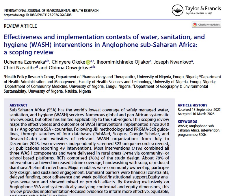 ChorusUrban's tweet photo. 📢New Paper! From @Uche_ezenwaka and
@HPRG_Nigeria on the effectiveness of WASH interventions in SS Africa. 
A shift towards domestically financed, long term, pro-poor, well managed service-delivery systems that operate at scale is needed for more equitable and sustainable WASH https://t.co/4ZWF3xh8I7