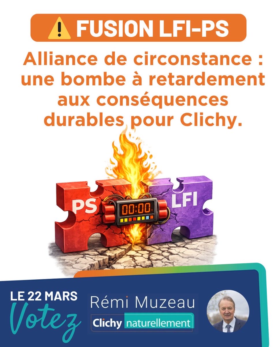 ClichyOxygene's tweet photo. ⚠️ Postes, promesses irréalistes, hausse des impôts, pression sur le logement : la fusion LFI-PS ferait peser un risque durable sur Clichy.
Le 22 mars, votez Rémi Muzeau.
#Clichy #RemiMuzeau #Municipales2026 #Le22Mars #ClichyNaturellement https://t.co/VZeL2nNiWR