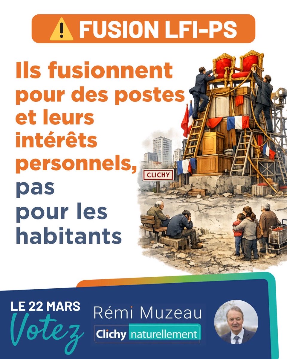 ClichyOxygene's tweet photo. ⚠️ Postes, promesses irréalistes, hausse des impôts, pression sur le logement : la fusion LFI-PS ferait peser un risque durable sur Clichy.
Le 22 mars, votez Rémi Muzeau.
#Clichy #RemiMuzeau #Municipales2026 #Le22Mars #ClichyNaturellement https://t.co/VZeL2nNiWR