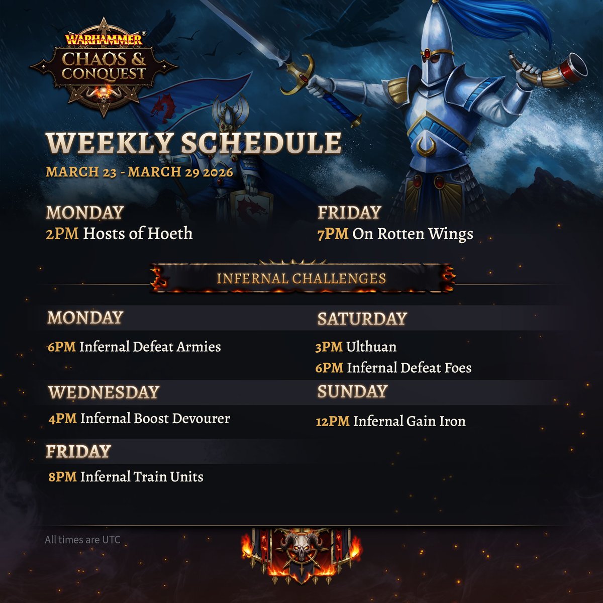 ChaosConquest's tweet photo. ⚔️ Powerful Lords! ⚔️
Behold the upcoming Weekly Schedule.

Starting off with Hosts of Hoeth on Monday, and on Friday, On Rotten Wings returns.

We also have Ulthuan at 3PM on Saturday.

Be prepared to face off the Empire Armies &amp; Foes all week long ⚔️

Have a good weekend! https://t.co/FoYSOG6nBE